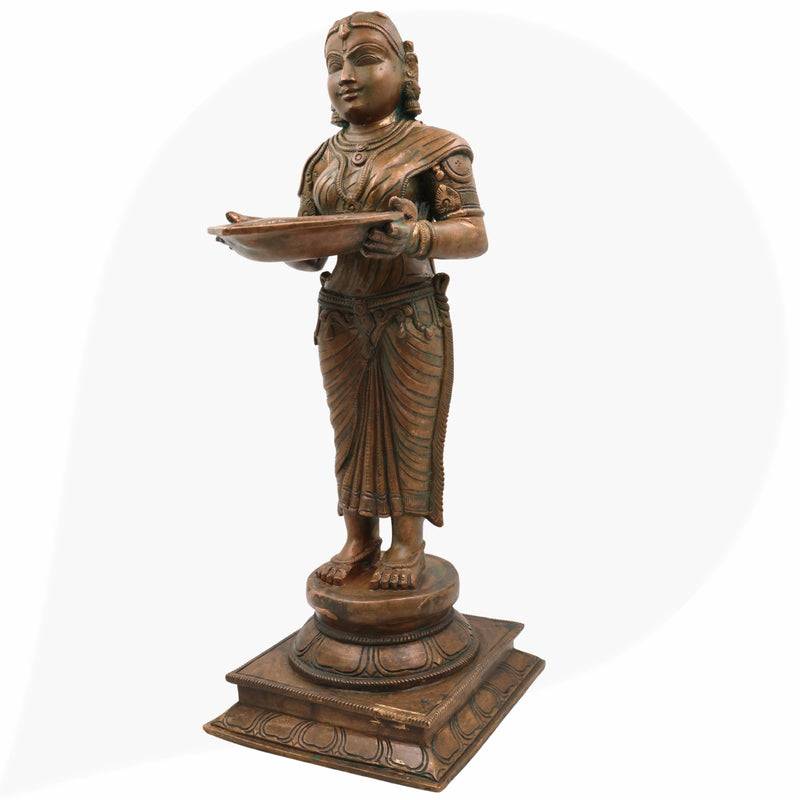 Handcrafted Bronze Deep Lakshmi Diya Lady Idol, Traditional Panchaloha Oil Lamp Holder Sculpture for Home, Temple & Puja Decor,Brown, 17.5 Inch, 1 Piece