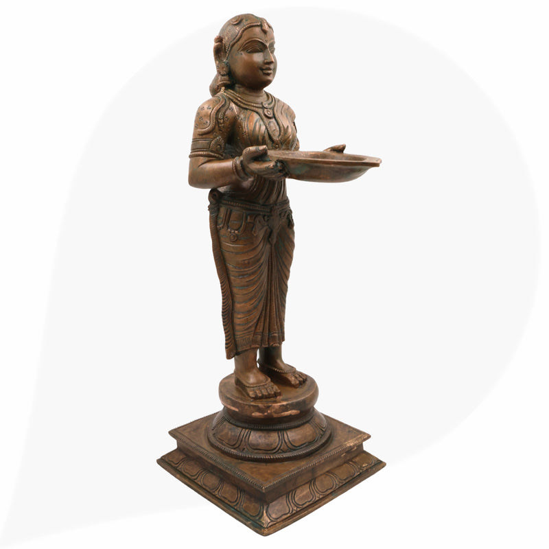 Handcrafted Bronze Deep Lakshmi Diya Lady Idol, Traditional Panchaloha Oil Lamp Holder Sculpture for Home, Temple & Puja Decor,Brown, 17.5 Inch, 1 Piece