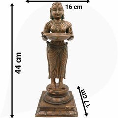 Handcrafted Bronze Deep Lakshmi Diya Lady Idol, Traditional Panchaloha Oil Lamp Holder Sculpture for Home, Temple & Puja Decor,Brown, 17.5 Inch, 1 Piece