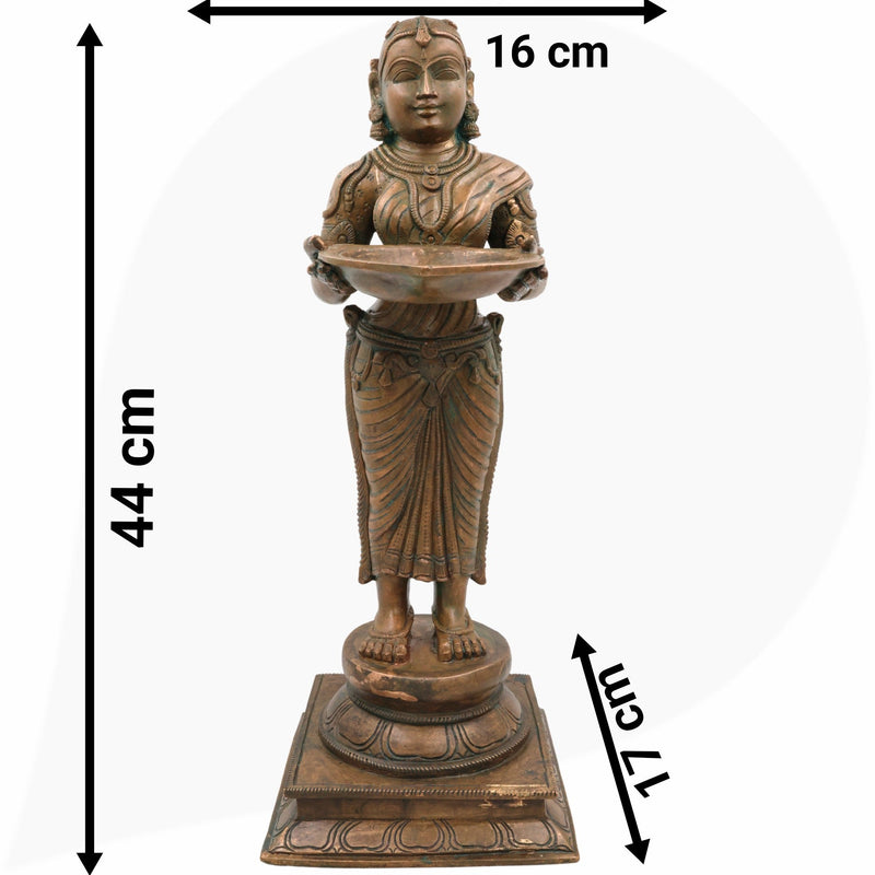 Handcrafted Bronze Deep Lakshmi Diya Lady Idol, Traditional Panchaloha Oil Lamp Holder Sculpture for Home, Temple & Puja Decor,Brown, 17.5 Inch, 1 Piece