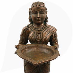 Handcrafted Bronze Deep Lakshmi Diya Lady Idol, Traditional Panchaloha Oil Lamp Holder Sculpture for Home, Temple & Puja Decor,Brown, 17.5 Inch, 1 Piece