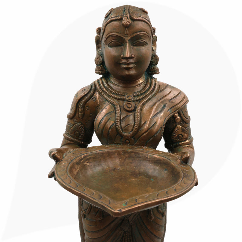 Handcrafted Bronze Deep Lakshmi Diya Lady Idol, Traditional Panchaloha Oil Lamp Holder Sculpture for Home, Temple & Puja Decor,Brown, 17.5 Inch, 1 Piece