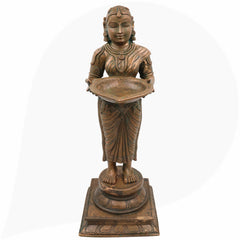 Handcrafted Bronze Deep Lakshmi Diya Lady Idol, Traditional Panchaloha Oil Lamp Holder Sculpture for Home, Temple & Puja Decor,Brown, 17.5 Inch, 1 Piece