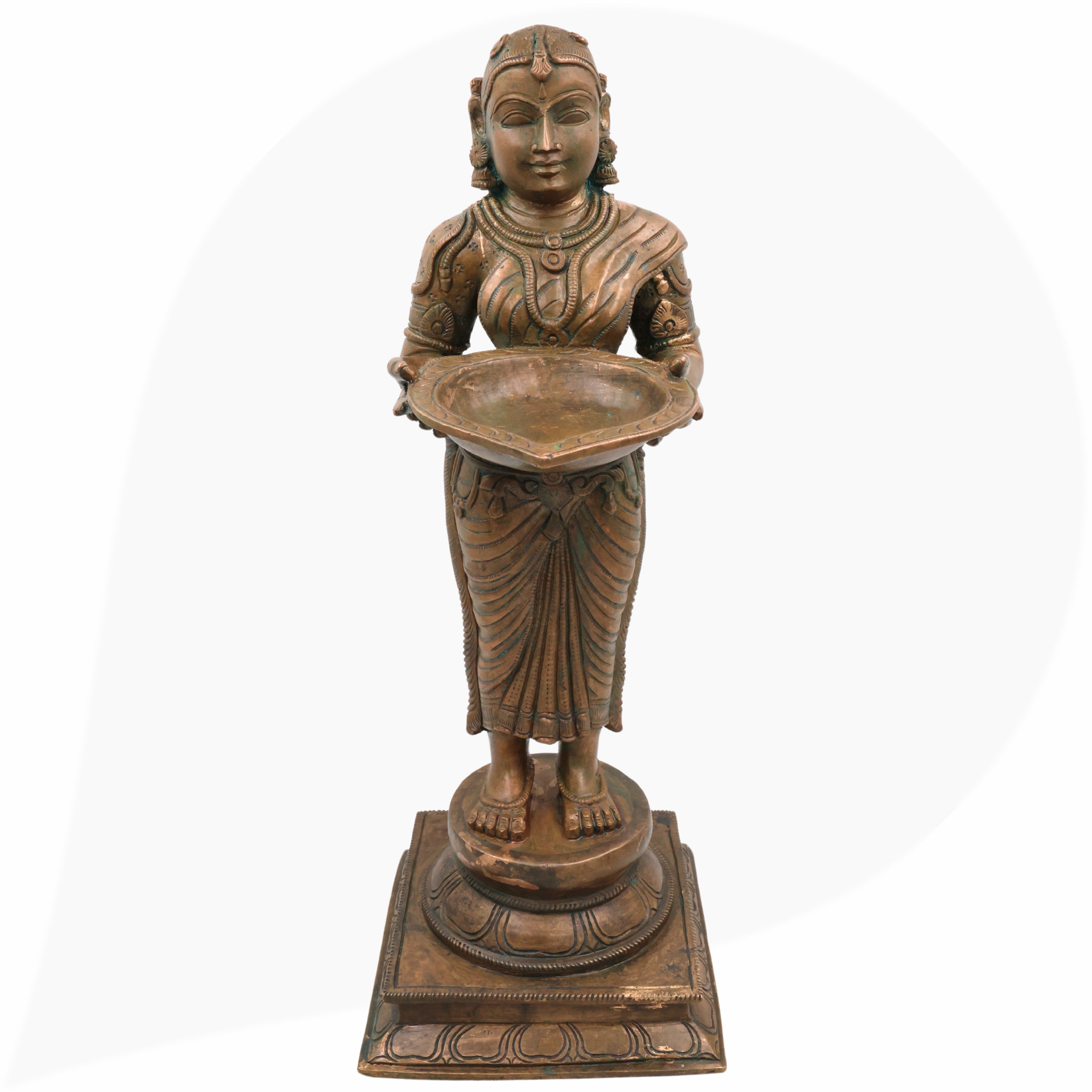 Handcrafted Bronze Deep Lakshmi Diya Lady Idol, Traditional Panchaloha Oil Lamp Holder Sculpture for Home, Temple & Puja Decor,Brown, 17.5 Inch, 1 Piece