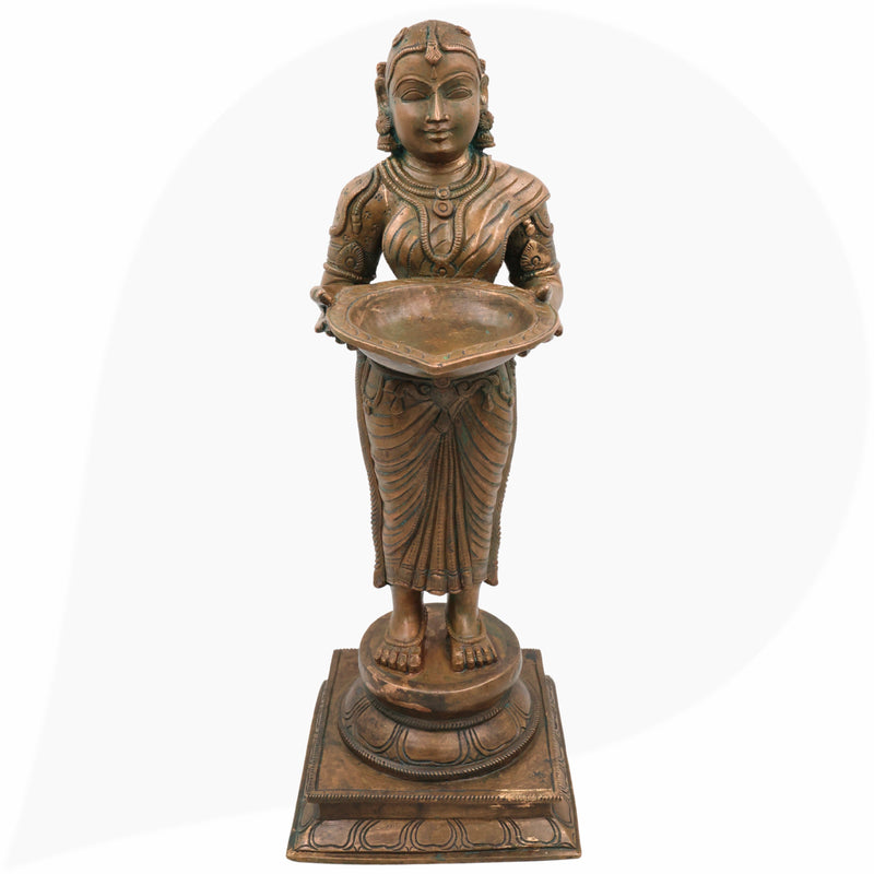 Handcrafted Bronze Deep Lakshmi Diya Lady Idol, Traditional Panchaloha Oil Lamp Holder Sculpture for Home, Temple & Puja Decor,Brown, 17.5 Inch, 1 Piece