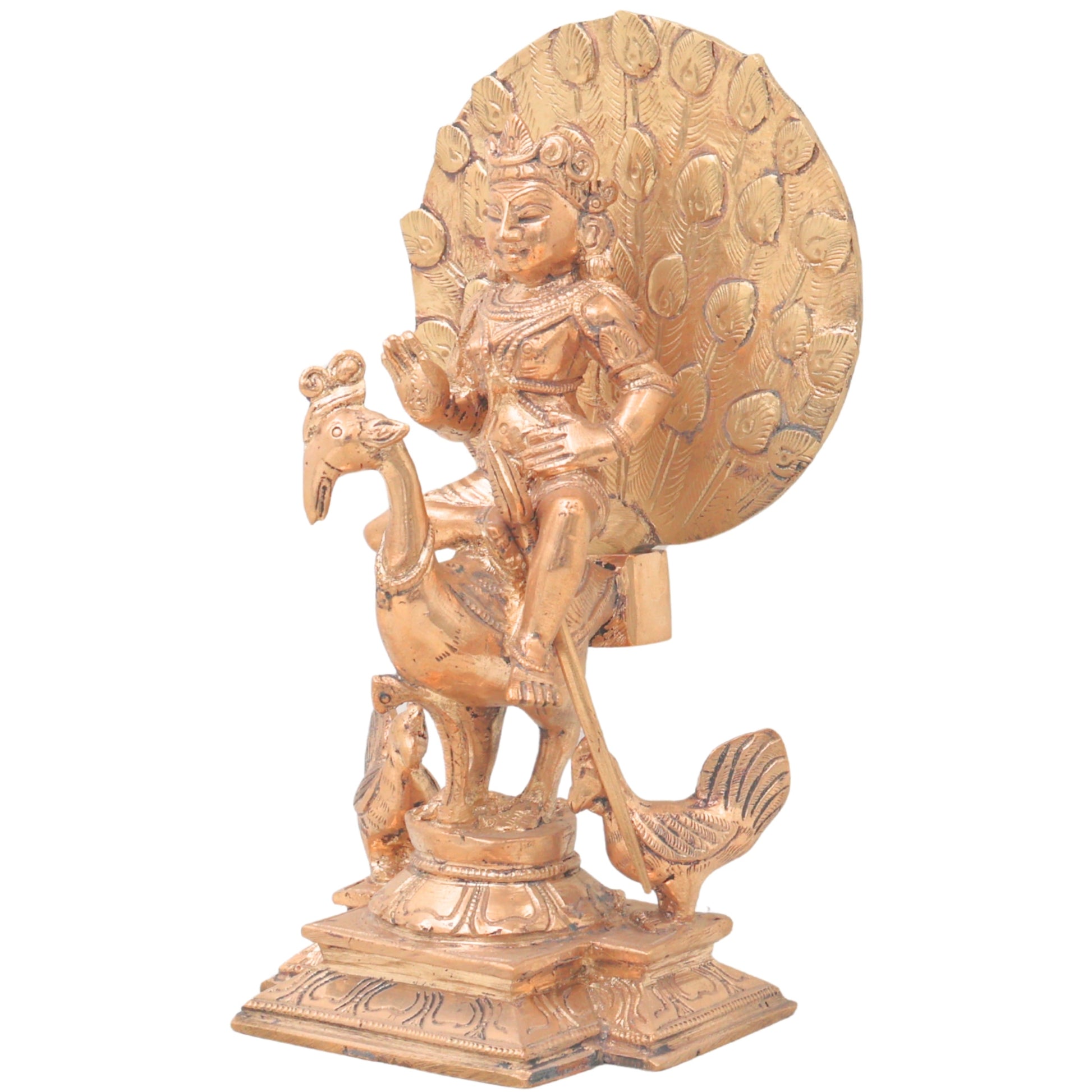 Panchaloha Lord Murugan Bronze Idol Sitting on Peacock – Skanda Subramanya Shanmukha Vel Murti for Home Temple Decor,Brown, 7.5 Inch, 1 Piece
