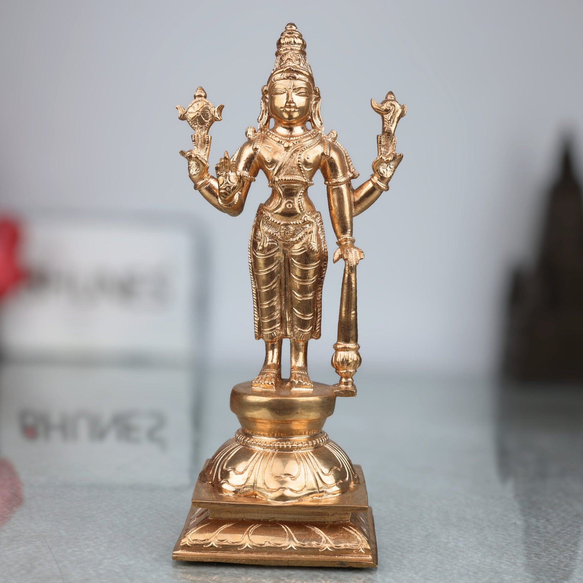 Handcrafted Panchaloha Bronze Vishnu Idol – Traditional Wax Cast Vishnu Murti, Narayana Statue for Temple & Home Pooja,Gold, 5 Inch, 1 Piece