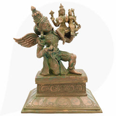Bronze Garuda Idol with Vishnu Lakshmi, Handcrafted Garud Dev Statue, Panchaloha Narayan Laxmi Silai for Temple and Home Decor, Brown, 11.5 Inch, 1 Piece
