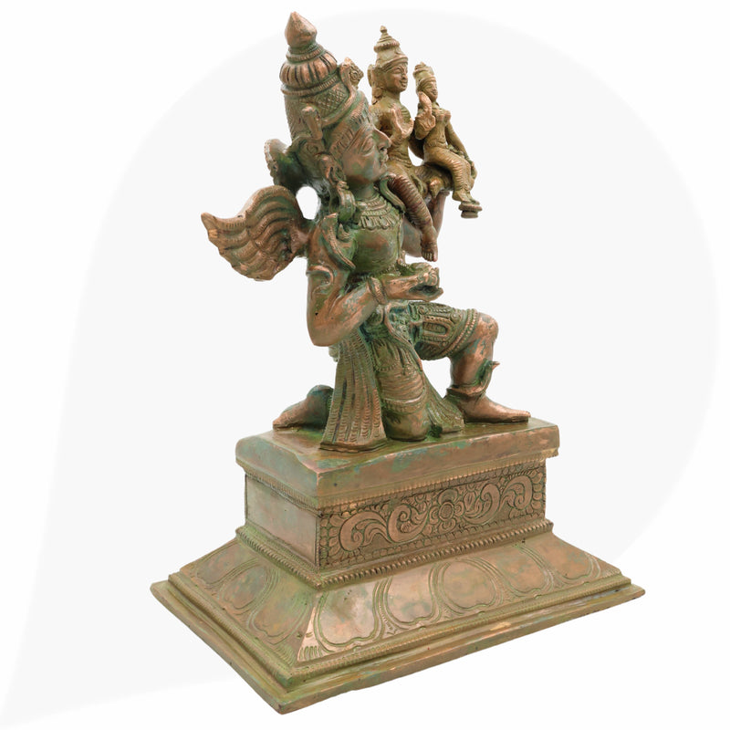 Bronze Garuda Idol with Vishnu Lakshmi, Handcrafted Garud Dev Statue, Panchaloha Narayan Laxmi Silai for Temple and Home Decor, Brown, 11.5 Inch, 1 Piece