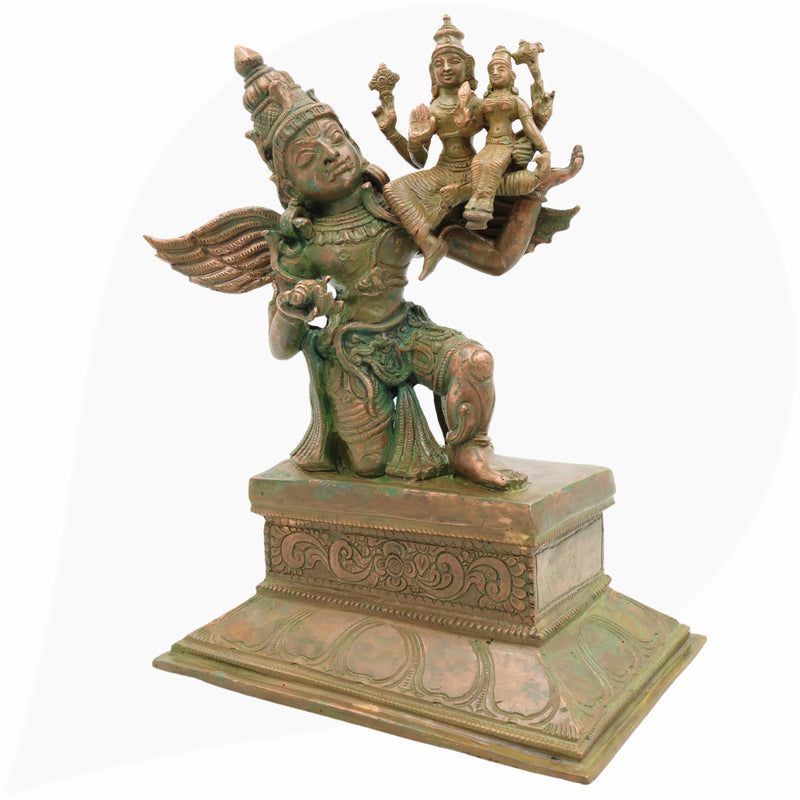 Bronze Garuda Idol with Vishnu Lakshmi, Handcrafted Garud Dev Statue, Panchaloha Narayan Laxmi Silai for Temple and Home Decor, Brown, 11.5 Inch, 1 Piece