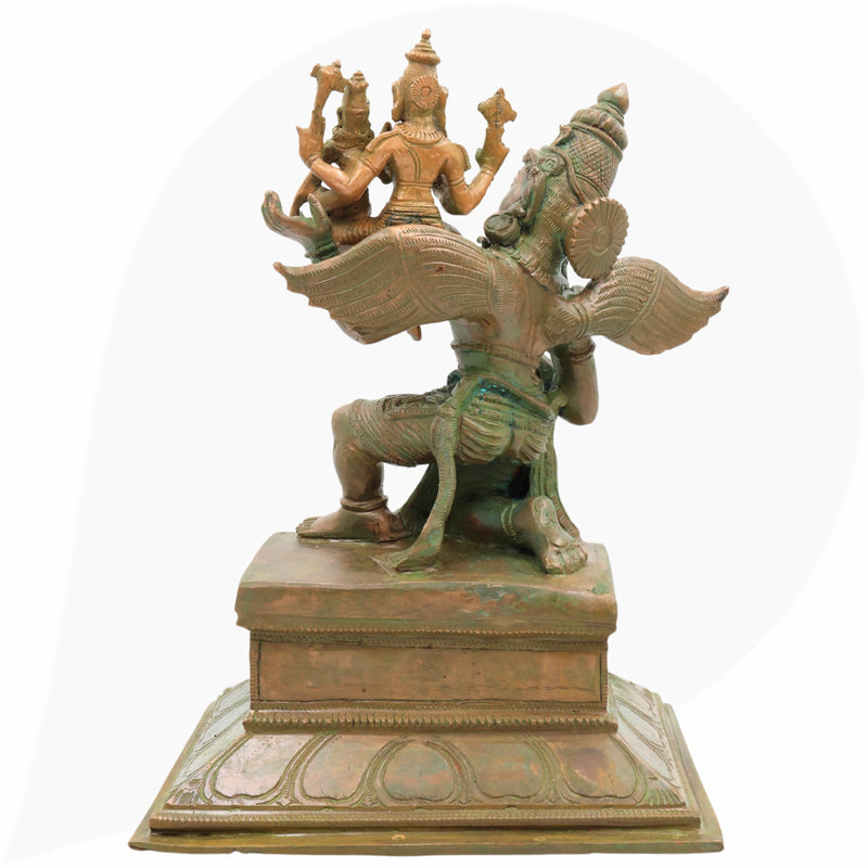 Bronze Garuda Idol with Vishnu Lakshmi, Handcrafted Garud Dev Statue, Panchaloha Narayan Laxmi Silai for Temple and Home Decor, Brown, 11.5 Inch, 1 Piece