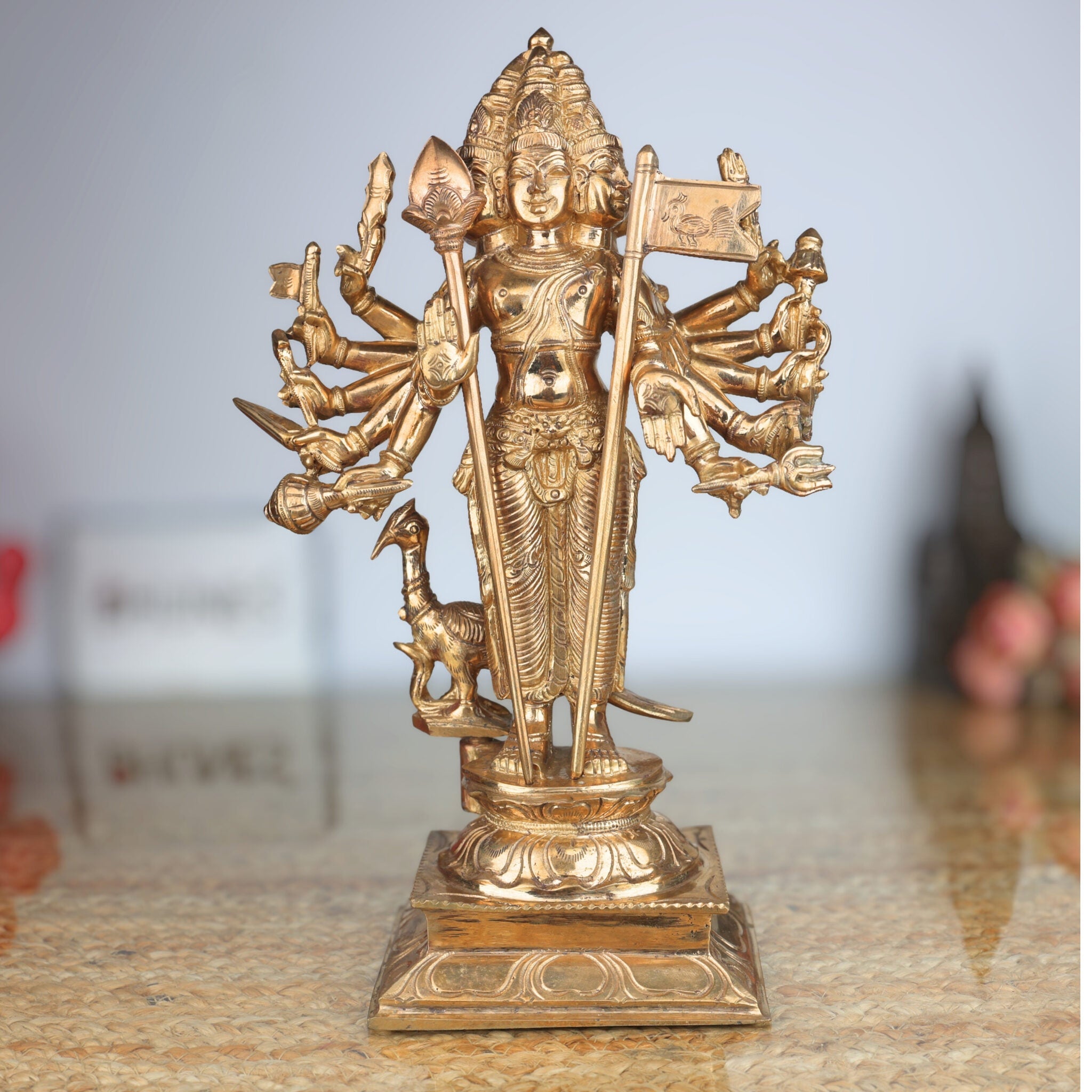 Panchaloha Lord Murugan Idol | Bronze Subramanya Kartikeya Skanda Shanmukha Statue | Handmade South Indian Bronze Vel Murugan Sculpture,Brown, 12.5 Inch, 1 Piece