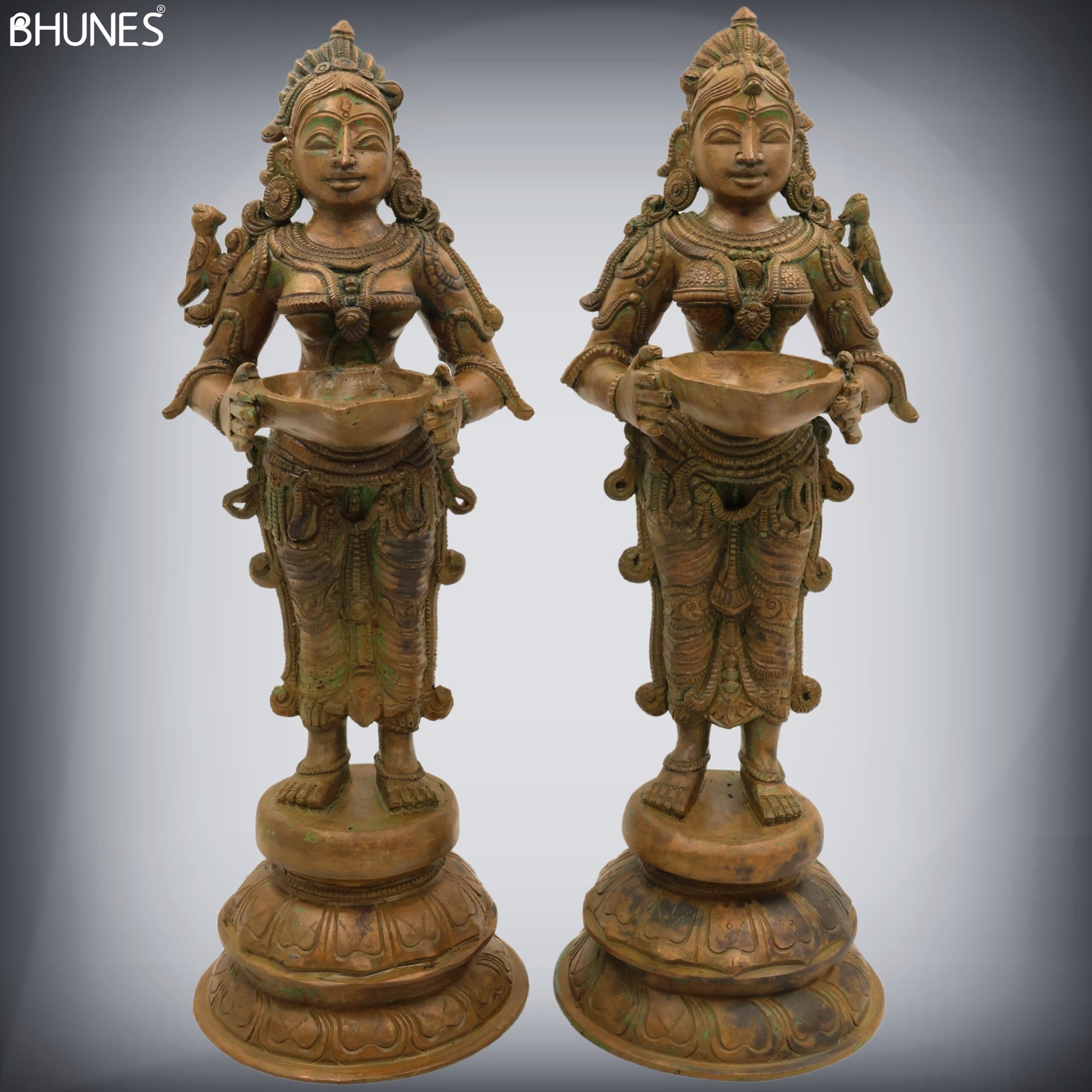 Handcrafted Bronze Deep Lakshmi Diya Lady Idol, Traditional Panchaloha Oil Lamp Sculpture for Pooja, Home Decor & Spiritual Gifting, Set Of 2,Brown, 12.5 Inch, 1 Piece