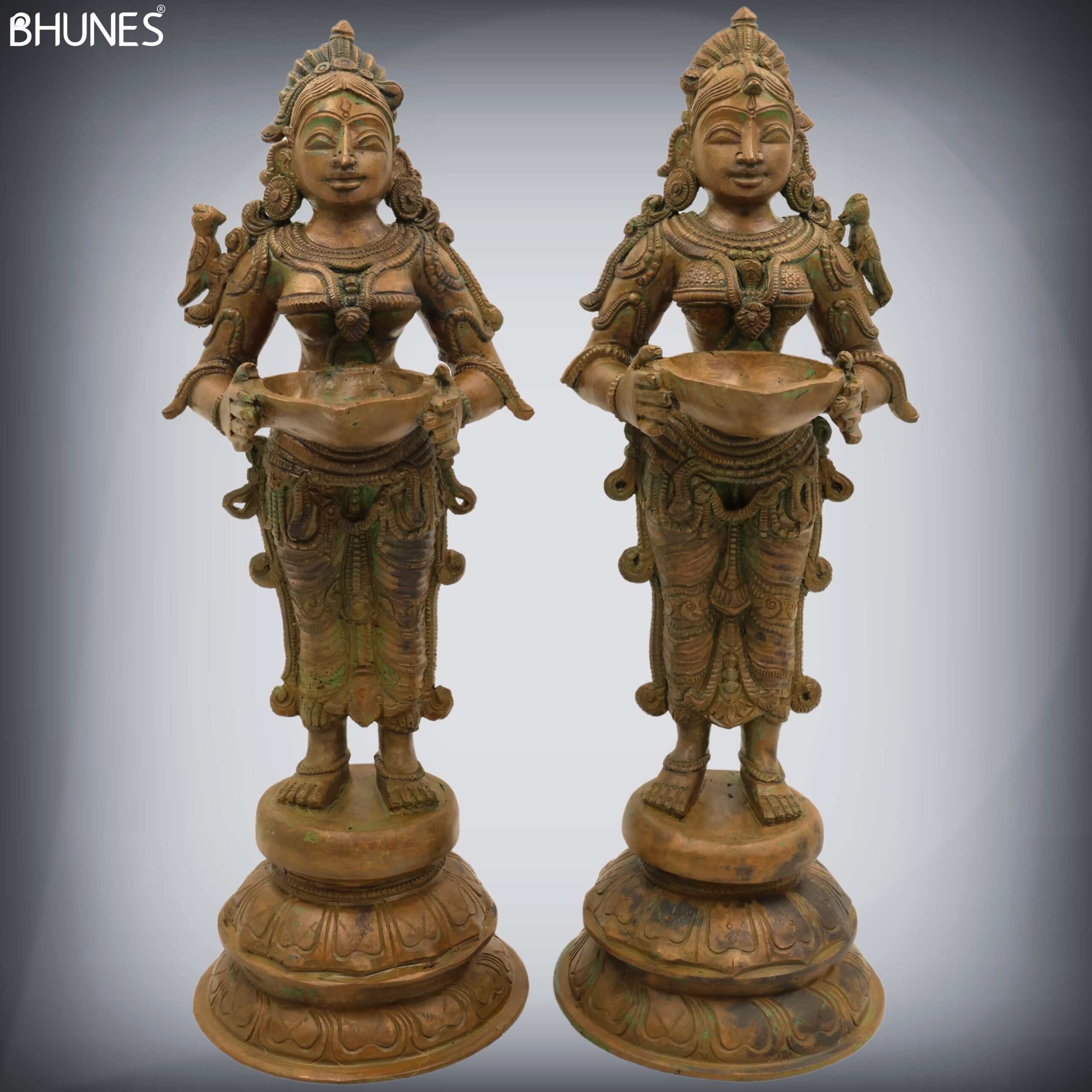 Handcrafted Bronze Deep Lakshmi Diya Lady Idol, Traditional Panchaloha Oil Lamp Sculpture for Pooja, Home Decor & Spiritual Gifting, Set Of 2,Brown, 12.5 Inch, 1 Piece