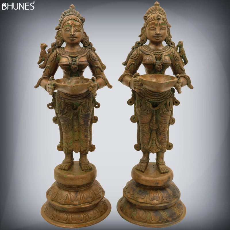 Handcrafted Bronze Deep Lakshmi Diya Lady Idol, Traditional Panchaloha Oil Lamp Sculpture for Pooja, Home Decor & Spiritual Gifting, Set Of 2,Brown, 12.5 Inch, 1 Piece
