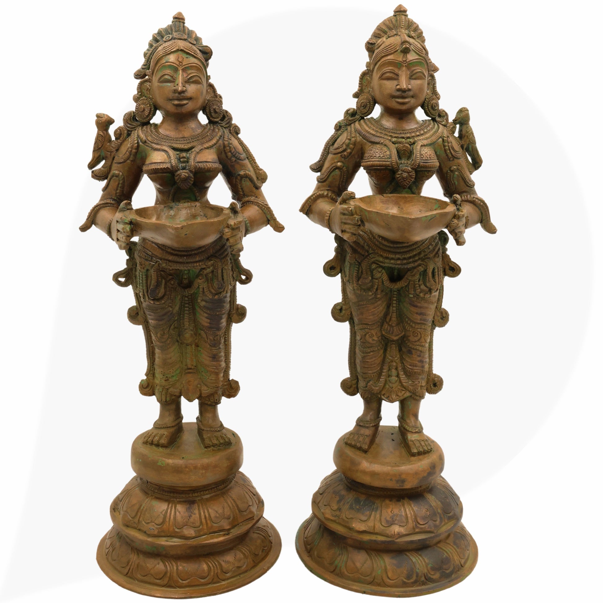 Handcrafted Bronze Deep Lakshmi Diya Lady Idol, Traditional Panchaloha Oil Lamp Sculpture for Pooja, Home Decor & Spiritual Gifting, Set Of 2,Brown, 12.5 Inch, 1 Piece