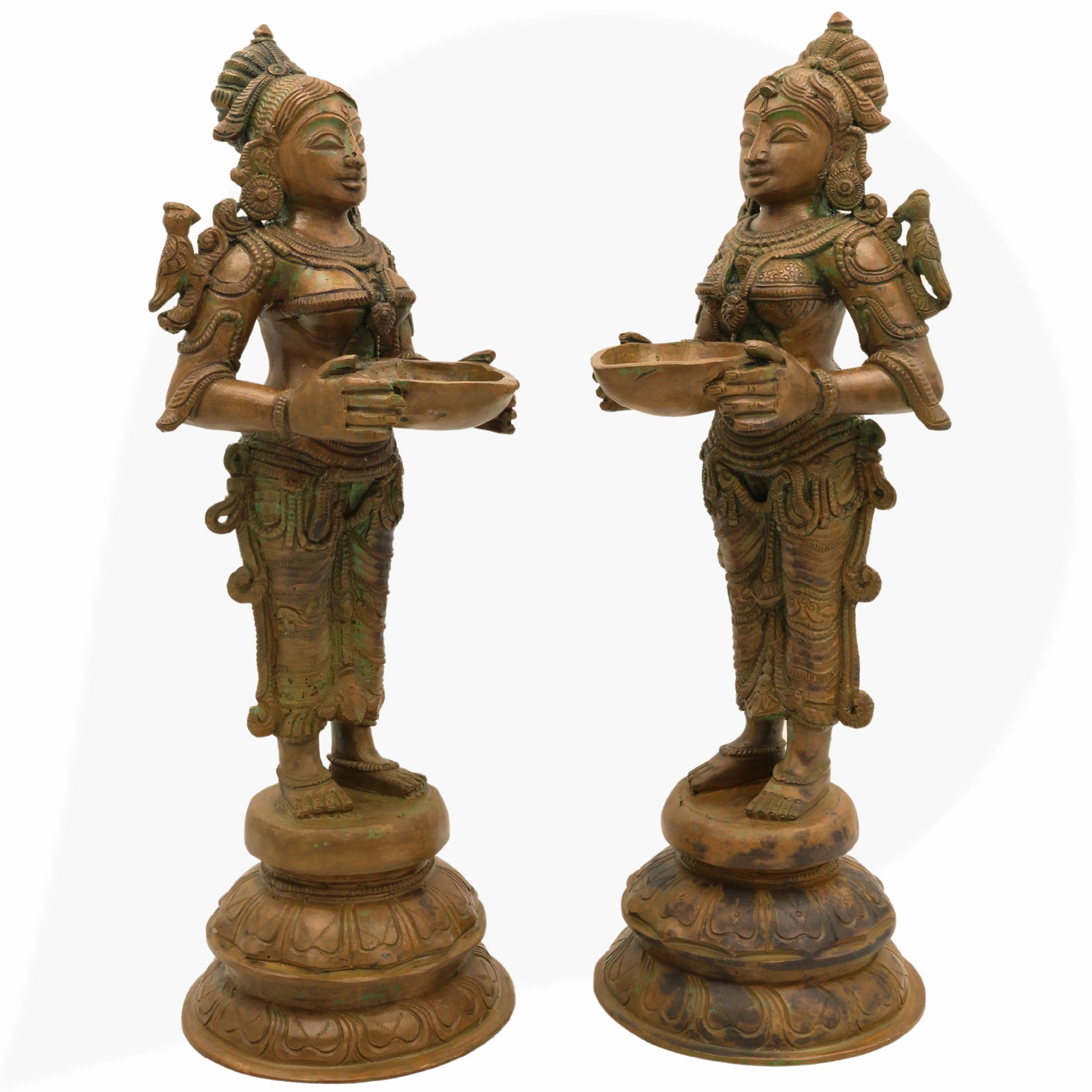 Handcrafted Bronze Deep Lakshmi Diya Lady Idol, Traditional Panchaloha Oil Lamp Sculpture for Pooja, Home Decor & Spiritual Gifting, Set Of 2,Brown, 12.5 Inch, 1 Piece