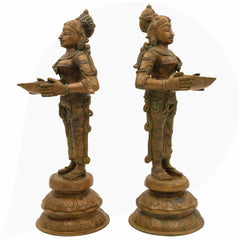 Handcrafted Bronze Deep Lakshmi Diya Lady Idol, Traditional Panchaloha Oil Lamp Sculpture for Pooja, Home Decor & Spiritual Gifting, Set Of 2,Brown, 12.5 Inch, 1 Piece