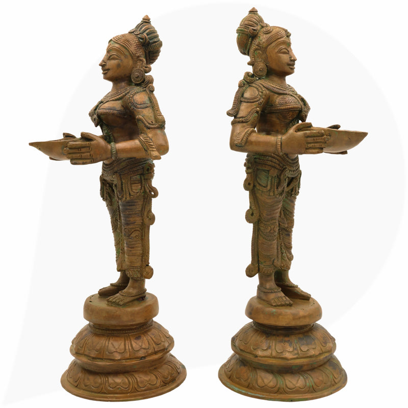 Handcrafted Bronze Deep Lakshmi Diya Lady Idol, Traditional Panchaloha Oil Lamp Sculpture for Pooja, Home Decor & Spiritual Gifting, Set Of 2,Brown, 12.5 Inch, 1 Piece