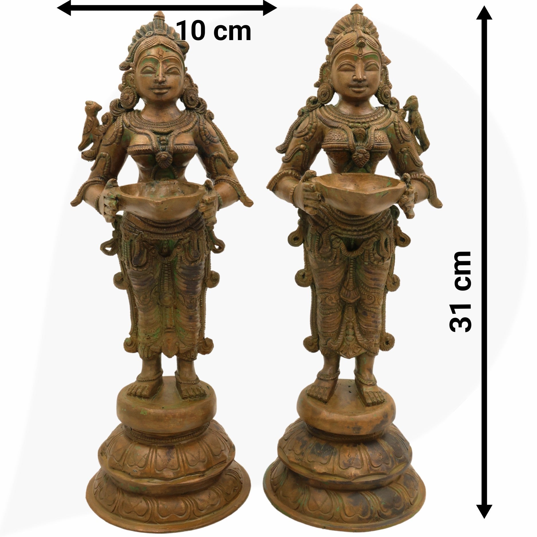 Handcrafted Bronze Deep Lakshmi Diya Lady Idol, Traditional Panchaloha Oil Lamp Sculpture for Pooja, Home Decor & Spiritual Gifting, Set Of 2,Brown, 12.5 Inch, 1 Piece