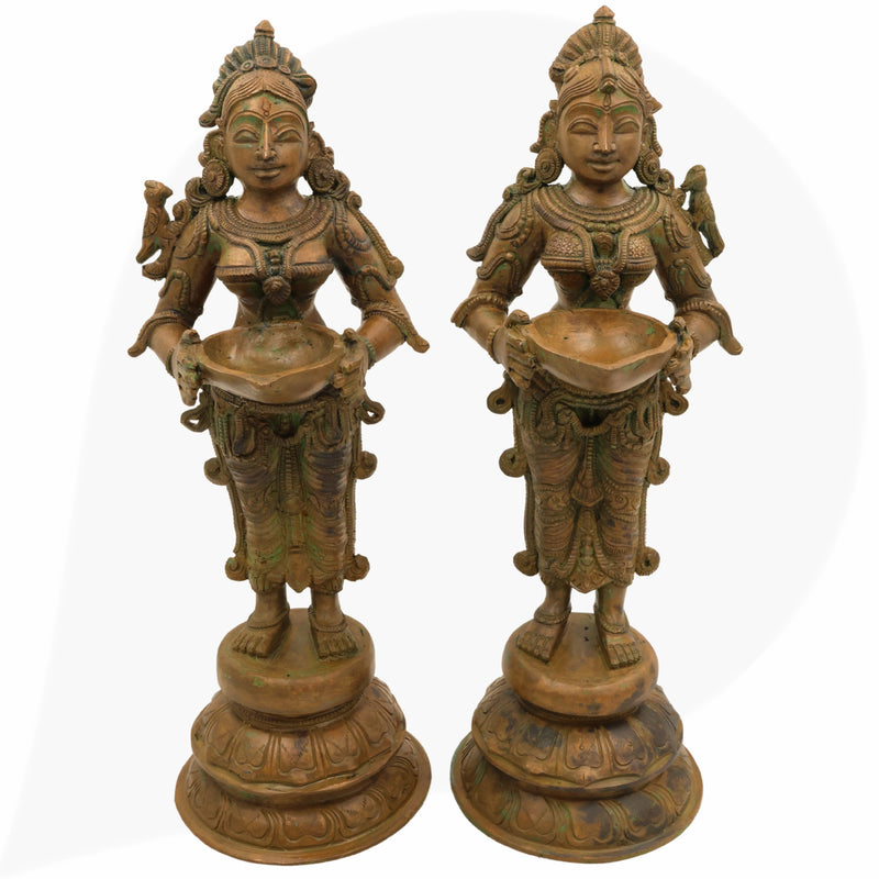 Handcrafted Bronze Deep Lakshmi Diya Lady Idol, Traditional Panchaloha Oil Lamp Sculpture for Pooja, Home Decor & Spiritual Gifting, Set Of 2,Brown, 12.5 Inch, 1 Piece