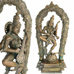 Handcrafted Large Bronze Panchaloha Saraswati Idol, Sharada Vagdevi Murti for Temple, Home & Office Decor, Goddess of Knowledge & Wisdom Statue,Brown, 42.5 Inch, 1 Piece