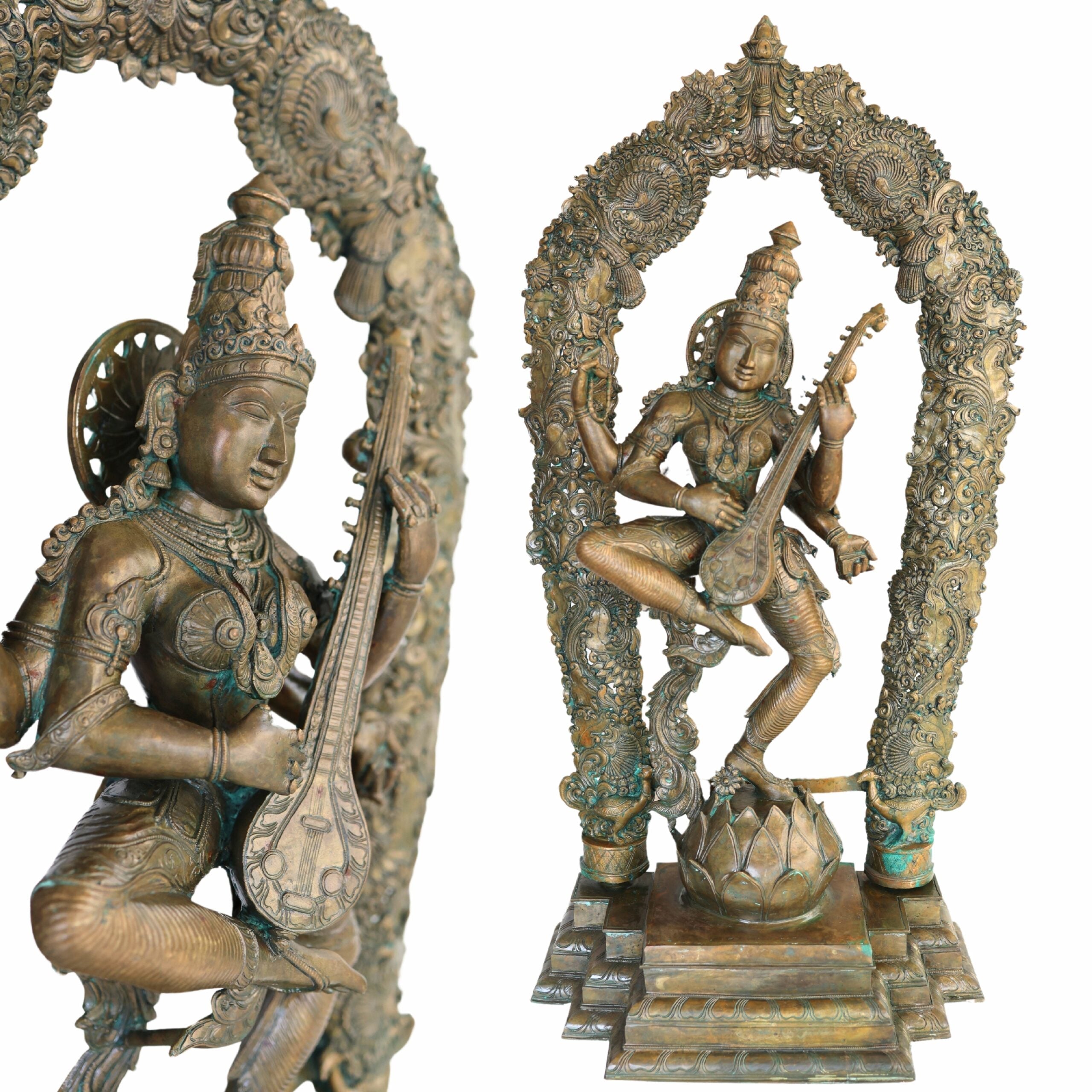 Handcrafted Large Bronze Panchaloha Saraswati Idol, Sharada Vagdevi Murti for Temple, Home & Office Decor, Goddess of Knowledge & Wisdom Statue,Brown, 42.5 Inch, 1 Piece