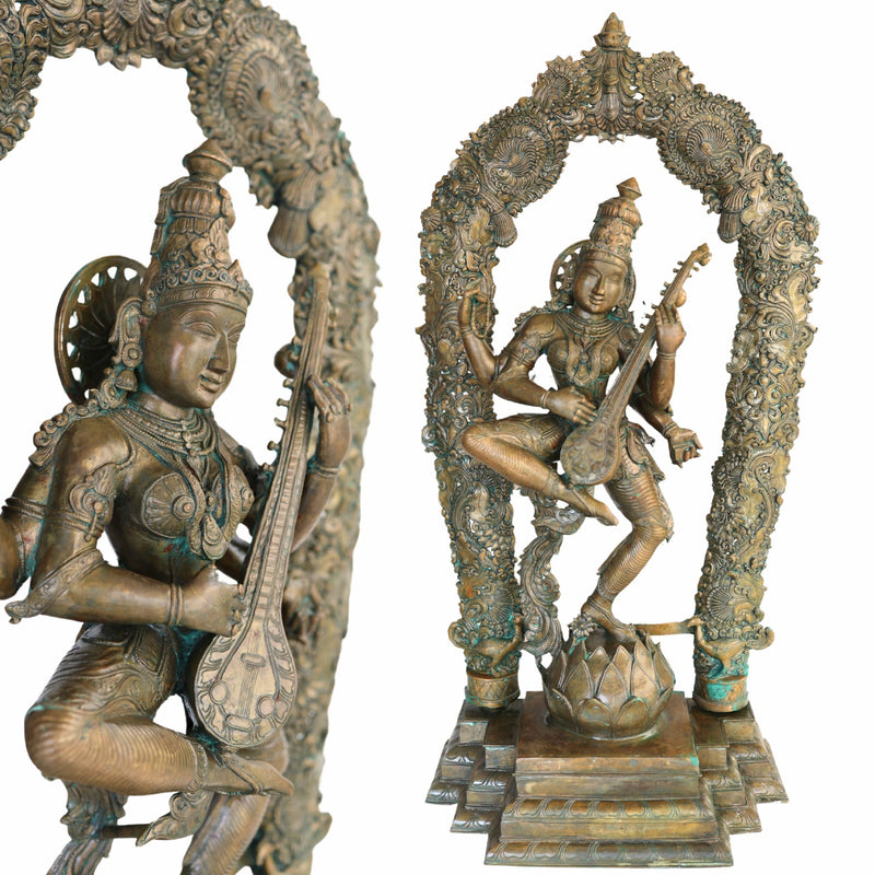 Handcrafted Large Bronze Panchaloha Saraswati Idol, Sharada Vagdevi Murti for Temple, Home & Office Decor, Goddess of Knowledge & Wisdom Statue,Brown, 42.5 Inch, 1 Piece