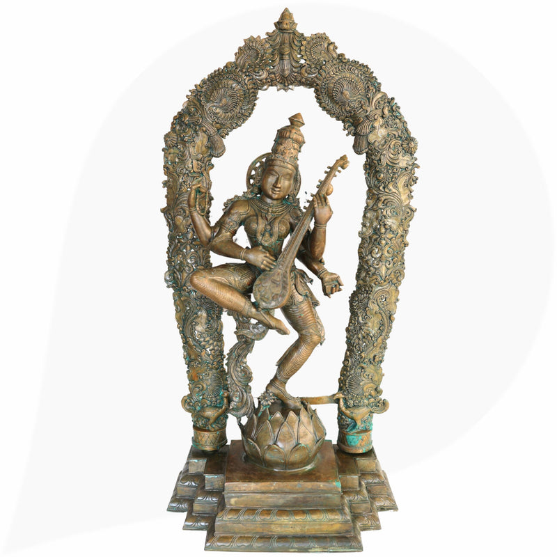 Handcrafted Large Bronze Panchaloha Saraswati Idol, Sharada Vagdevi Murti for Temple, Home & Office Decor, Goddess of Knowledge & Wisdom Statue,Brown, 42.5 Inch, 1 Piece