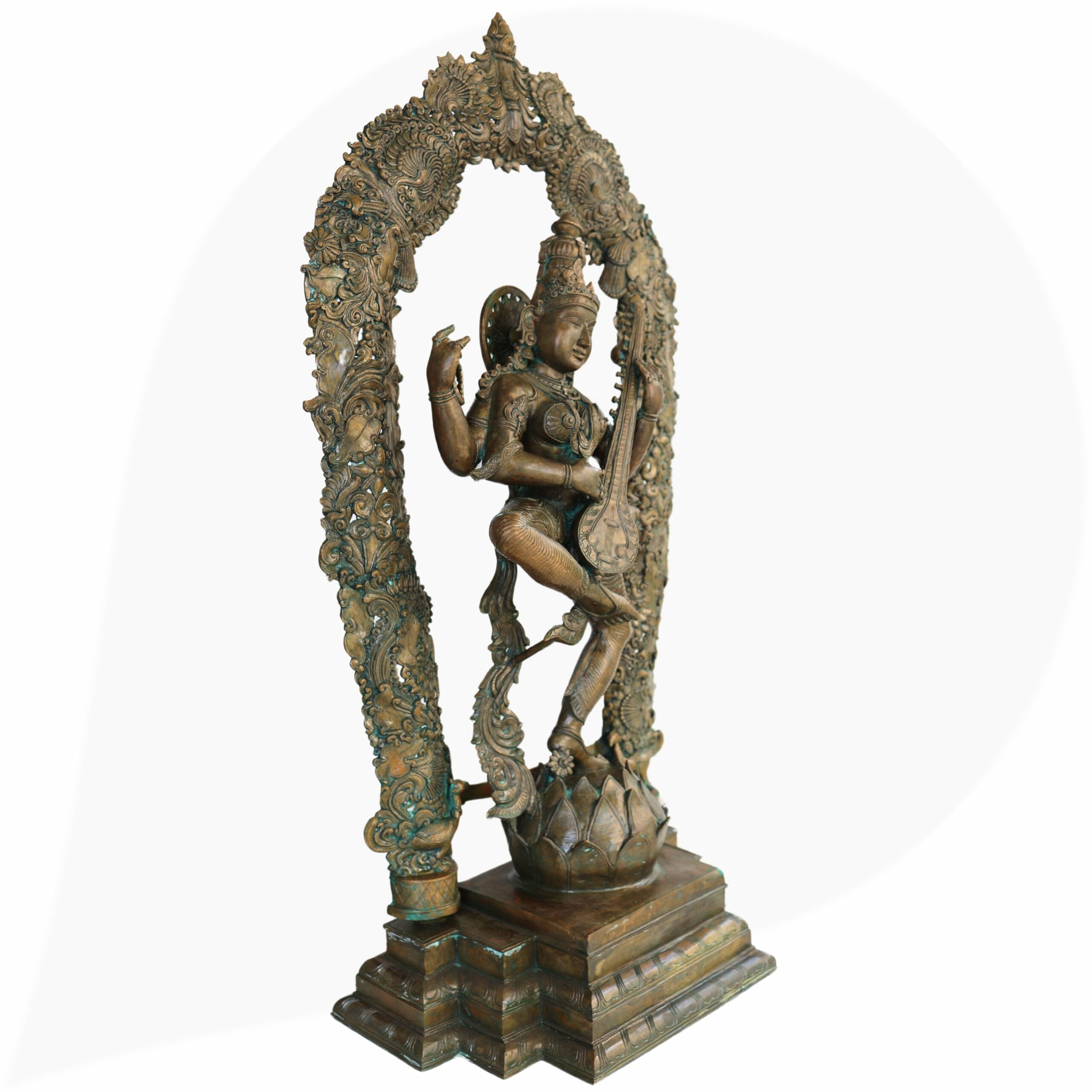 Handcrafted Large Bronze Panchaloha Saraswati Idol, Sharada Vagdevi Murti for Temple, Home & Office Decor, Goddess of Knowledge & Wisdom Statue,Brown, 42.5 Inch, 1 Piece