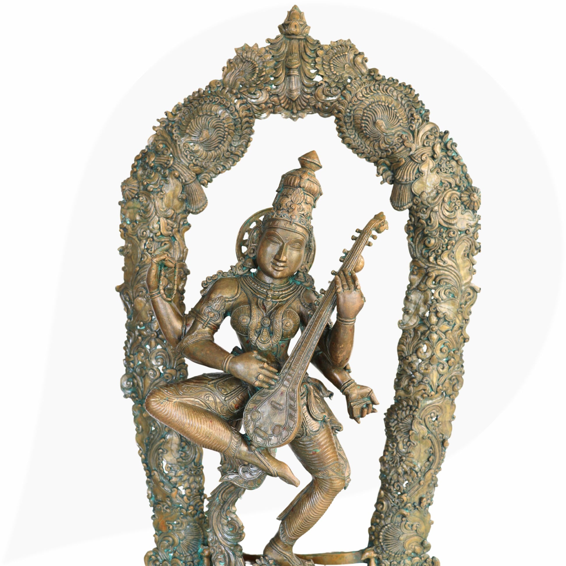 Handcrafted Large Bronze Panchaloha Saraswati Idol, Sharada Vagdevi Murti for Temple, Home & Office Decor, Goddess of Knowledge & Wisdom Statue,Brown, 42.5 Inch, 1 Piece