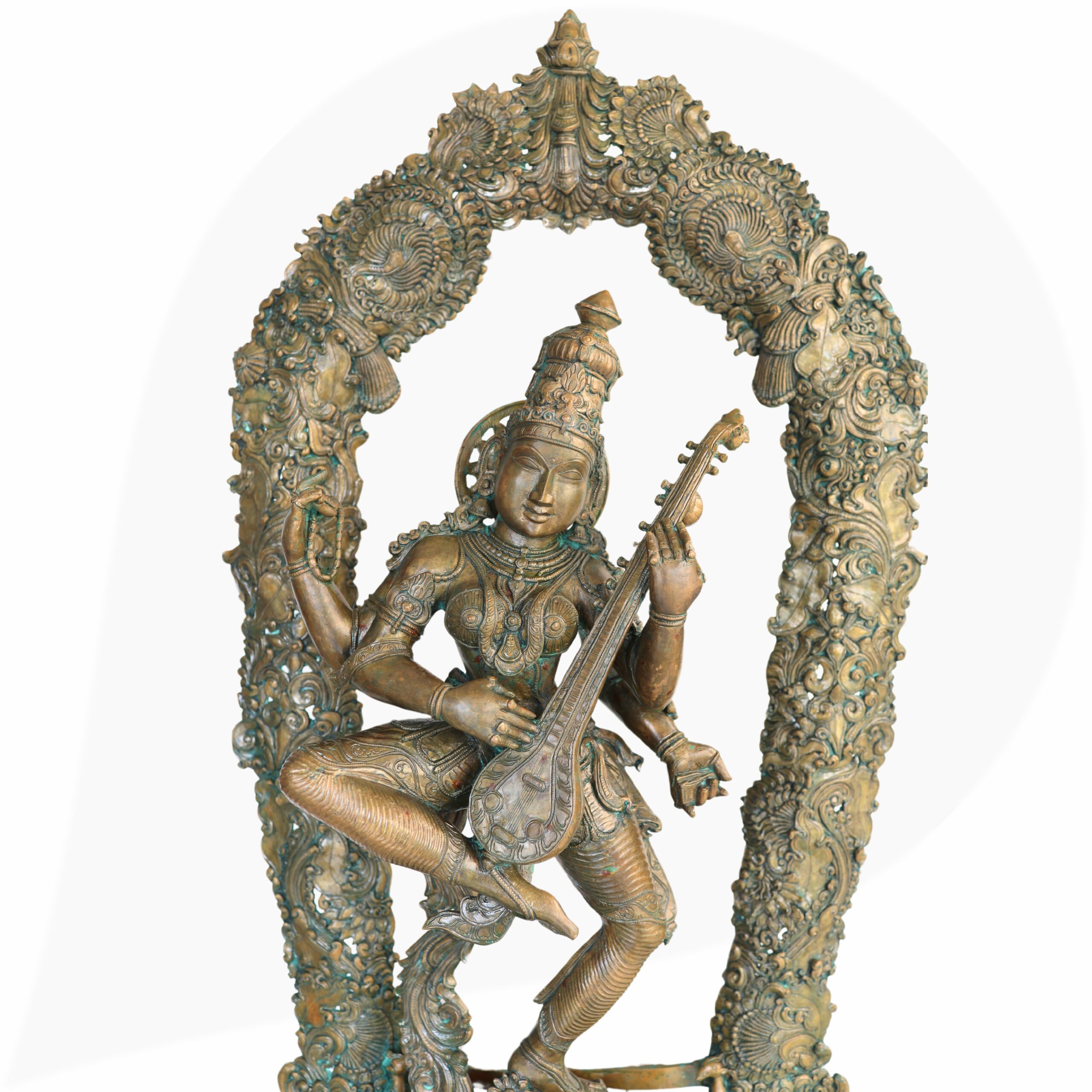 Handcrafted Large Bronze Panchaloha Saraswati Idol, Sharada Vagdevi Murti for Temple, Home & Office Decor, Goddess of Knowledge & Wisdom Statue,Brown, 42.5 Inch, 1 Piece