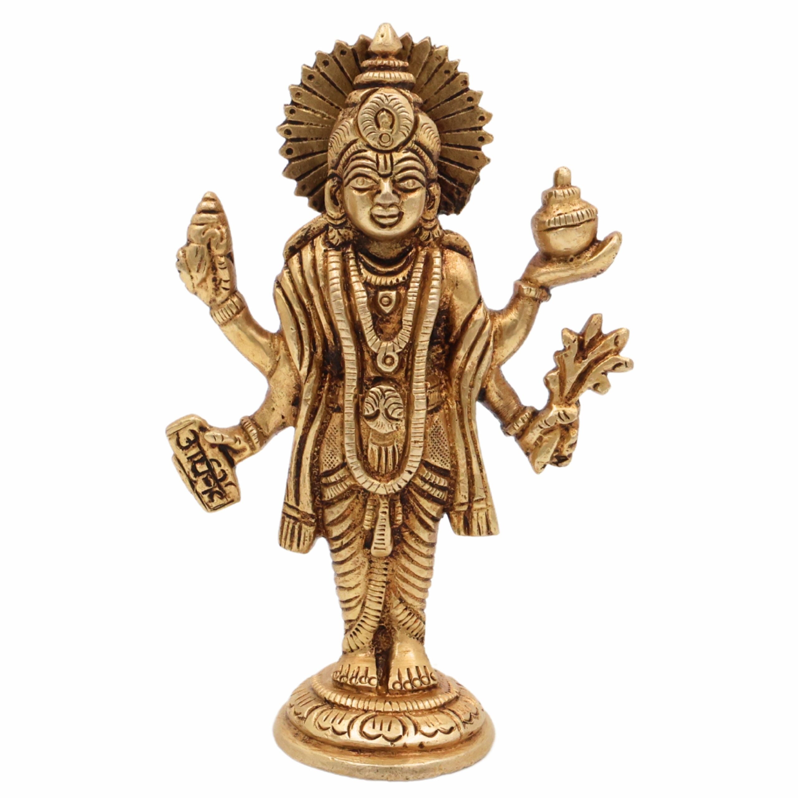 Handcrafted Brass Lord Dhanvantari Idol | Bhagwan Dhanwantari Murti – God of Ayurveda, Healing & Amrit Kalash Statue for Puja, Temple & Home Decor,Gold, 5 Inch, 1 Piece