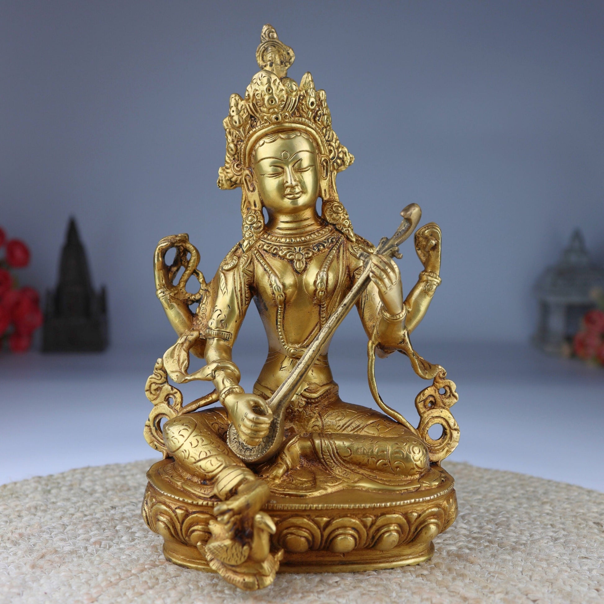 Tibetan Styled Brass Saraswati Idol, Handcrafted Mahasaraswati Murti, Sharada Devi Statue, Vidya Devi Vigraha, Vagdevi Pratima for Puja & Home Decor,Gold, 12.5 Inch, 1 Piece