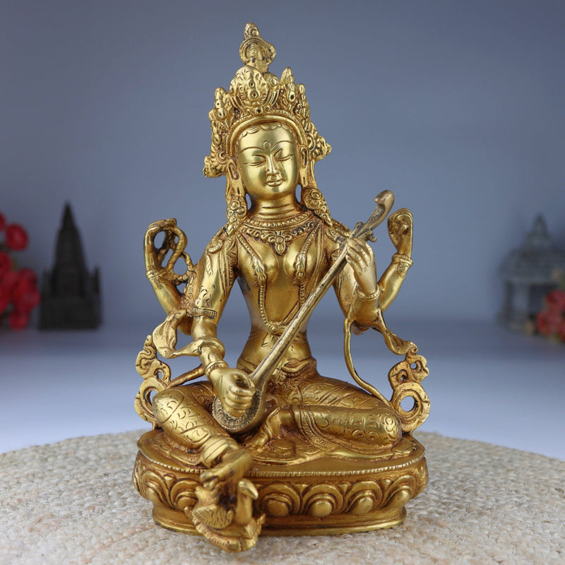 Tibetan Styled Brass Saraswati Idol, Handcrafted Mahasaraswati Murti, Sharada Devi Statue, Vidya Devi Vigraha, Vagdevi Pratima for Puja & Home Decor,Gold, 12.5 Inch, 1 Piece