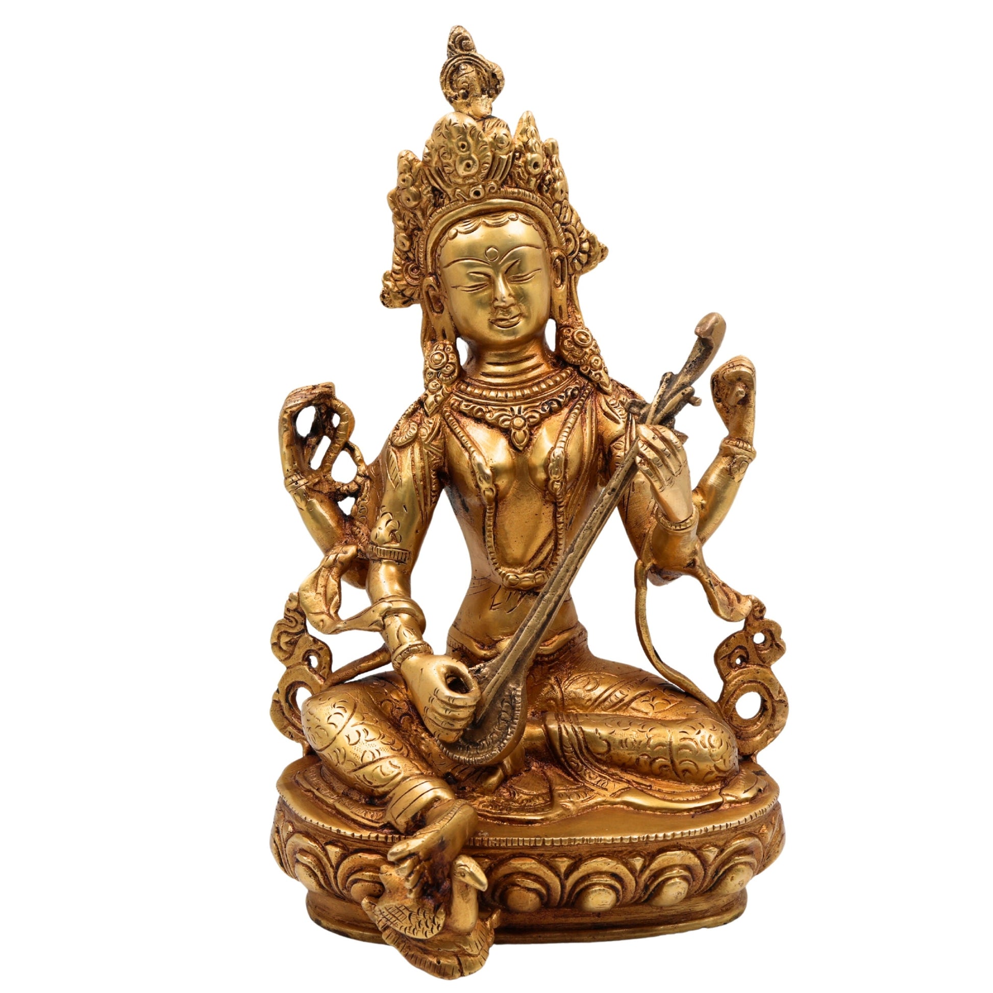 Tibetan Styled Brass Saraswati Idol, Handcrafted Mahasaraswati Murti, Sharada Devi Statue, Vidya Devi Vigraha, Vagdevi Pratima for Puja & Home Decor,Gold, 12.5 Inch, 1 Piece