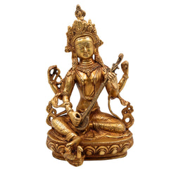 Tibetan Styled Brass Saraswati Idol, Handcrafted Mahasaraswati Murti, Sharada Devi Statue, Vidya Devi Vigraha, Vagdevi Pratima for Puja & Home Decor,Gold, 12.5 Inch, 1 Piece