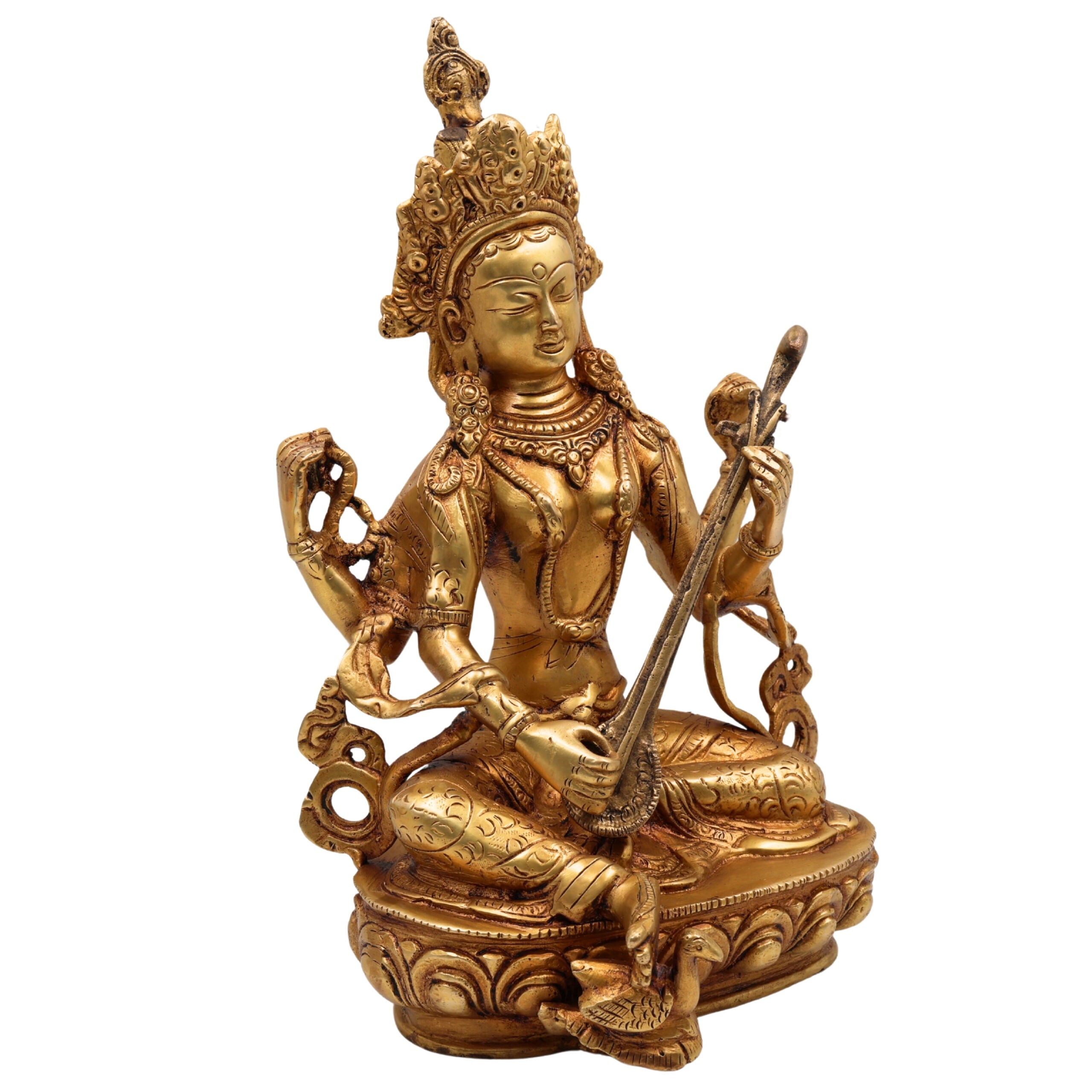 Tibetan Styled Brass Saraswati Idol, Handcrafted Mahasaraswati Murti, Sharada Devi Statue, Vidya Devi Vigraha, Vagdevi Pratima for Puja & Home Decor,Gold, 12.5 Inch, 1 Piece