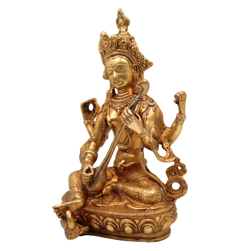 Tibetan Styled Brass Saraswati Idol, Handcrafted Mahasaraswati Murti, Sharada Devi Statue, Vidya Devi Vigraha, Vagdevi Pratima for Puja & Home Decor,Gold, 12.5 Inch, 1 Piece