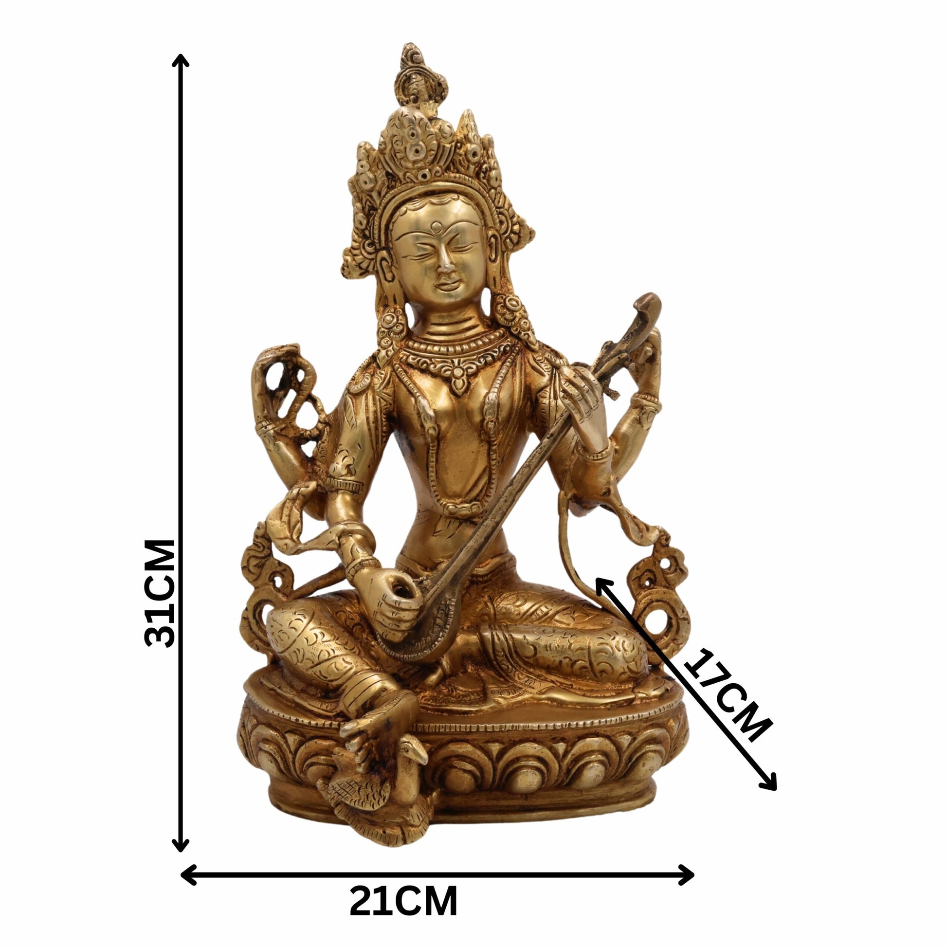 Tibetan Styled Brass Saraswati Idol, Handcrafted Mahasaraswati Murti, Sharada Devi Statue, Vidya Devi Vigraha, Vagdevi Pratima for Puja & Home Decor,Gold, 12.5 Inch, 1 Piece