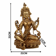 Tibetan Styled Brass Saraswati Idol, Handcrafted Mahasaraswati Murti, Sharada Devi Statue, Vidya Devi Vigraha, Vagdevi Pratima for Puja & Home Decor,Gold, 12.5 Inch, 1 Piece