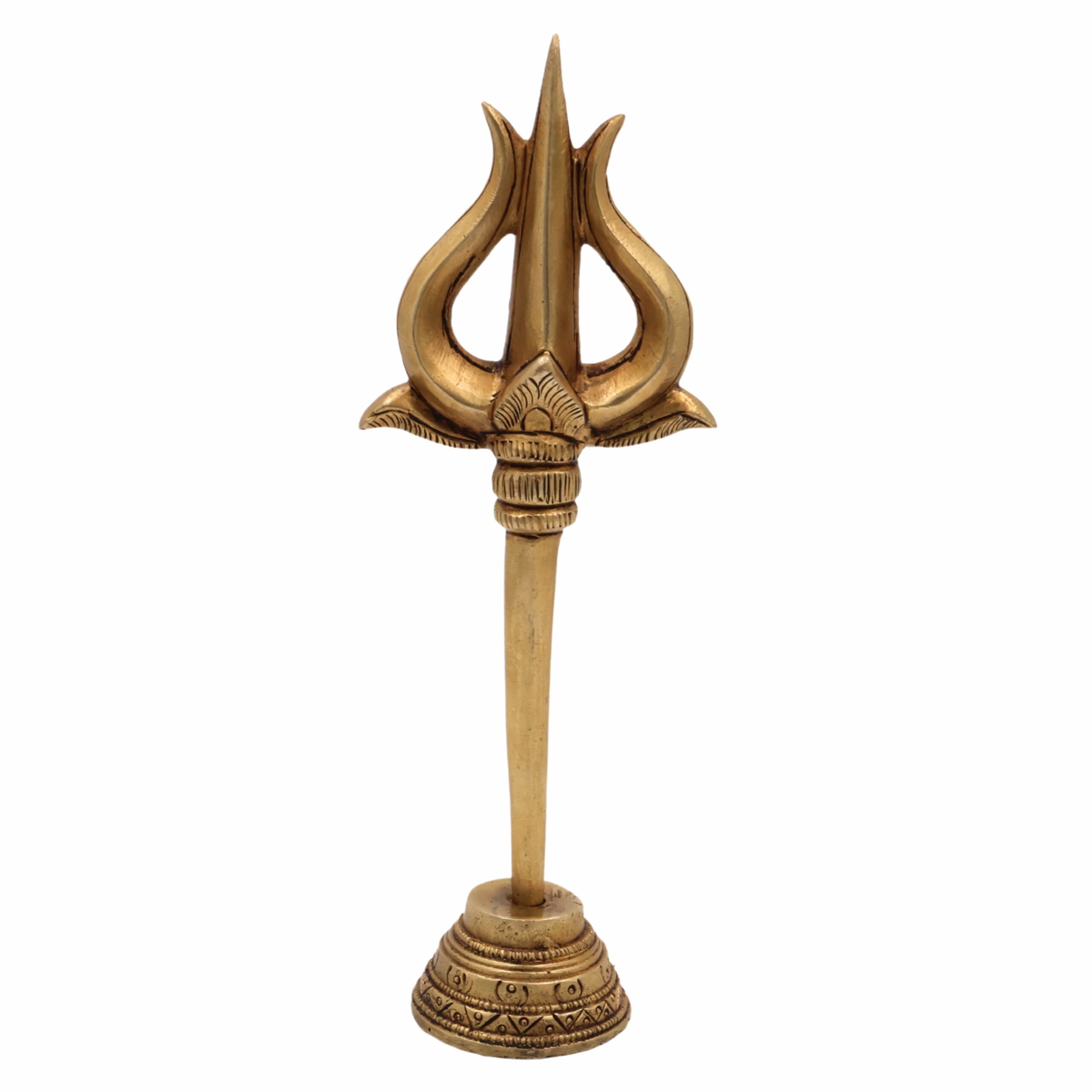 Bhunes Brass Trishul with Stand - Trishool Trident Figurine for Pooja, Mandir, Puja Room, Home Decor, Temple, and Gifting, Gold, 8.5 Inch, 1 Piece