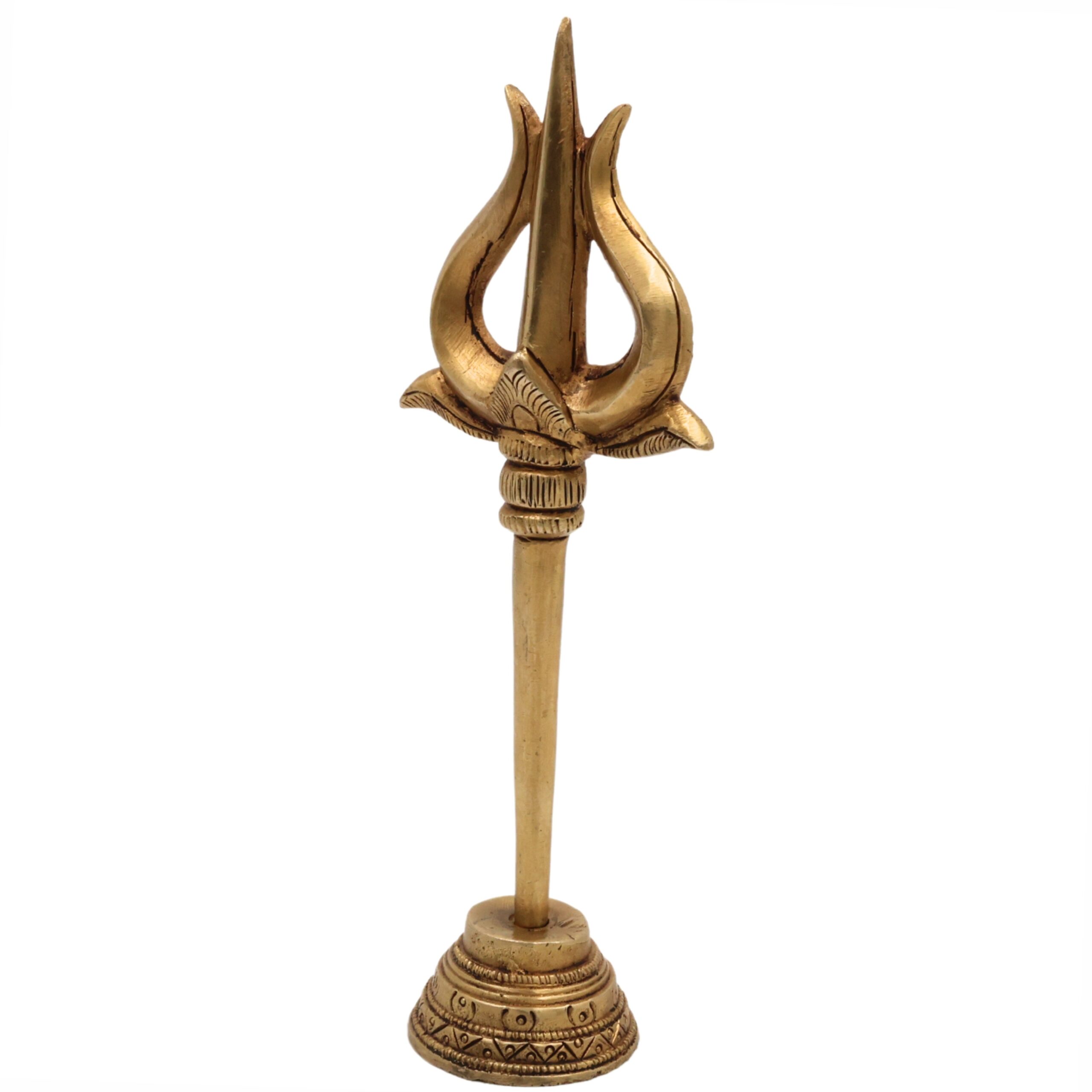 Bhunes Brass Trishul with Stand - Trishool Trident Figurine for Pooja, Mandir, Puja Room, Home Decor, Temple, and Gifting, Gold, 8.5 Inch, 1 Piece