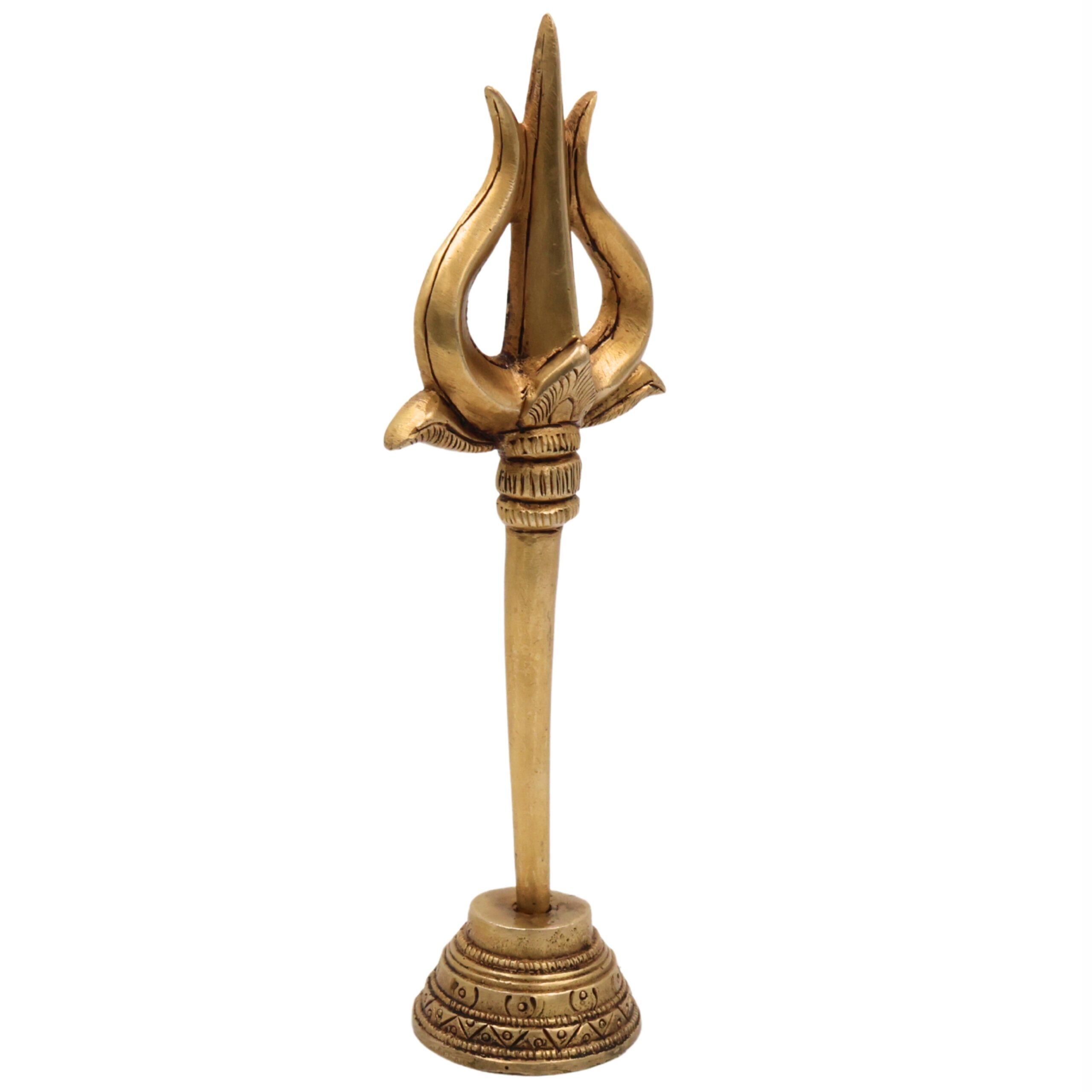 Bhunes Brass Trishul with Stand - Trishool Trident Figurine for Pooja, Mandir, Puja Room, Home Decor, Temple, and Gifting, Gold, 8.5 Inch, 1 Piece