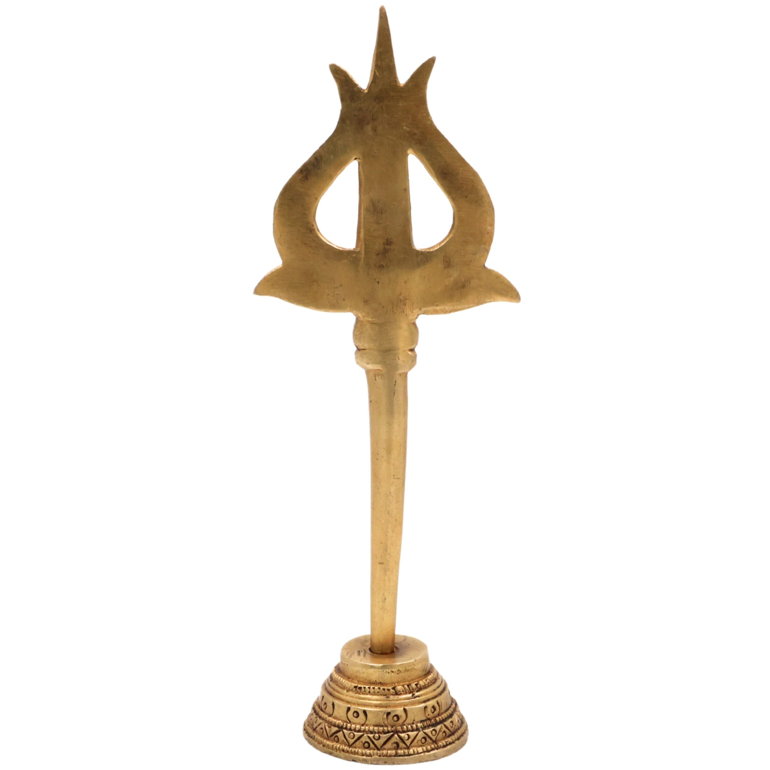Bhunes Brass Trishul with Stand - Trishool Trident Figurine for Pooja, Mandir, Puja Room, Home Decor, Temple, and Gifting, Gold, 8.5 Inch, 1 Piece