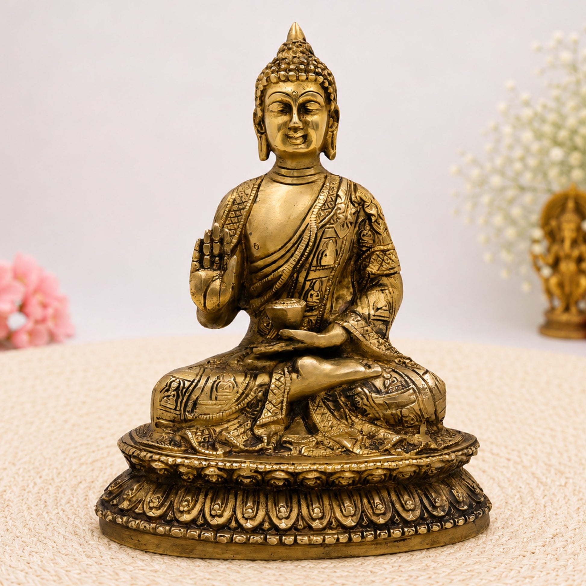 Handcrafted Brass Budha Graha Idol | Budh Dev Murti | Peetal Pital Budh Bhagwan Statue for Home Temple, Navagraha Pooja & Decor,Gold, 9 Inch, 1 Piece