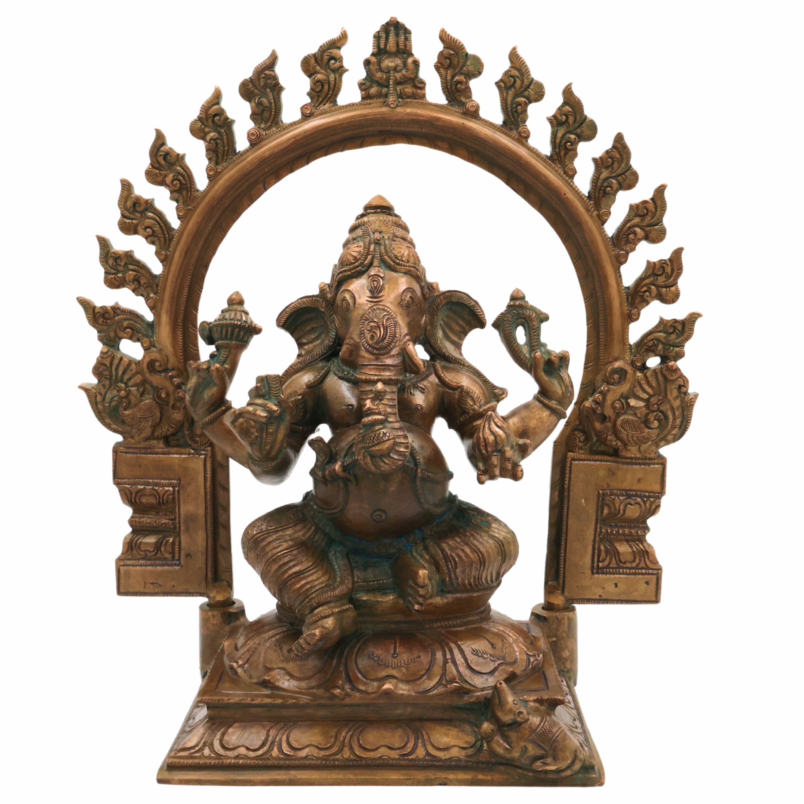 Handmade Panchaloha Ganapati Murti with Prabhavali, Bronze Panchadhatu Ganesha Idol for Home, Temple & Puja, Vighnaharta Vigraha, Brown, 13 Inch, 1 Piece