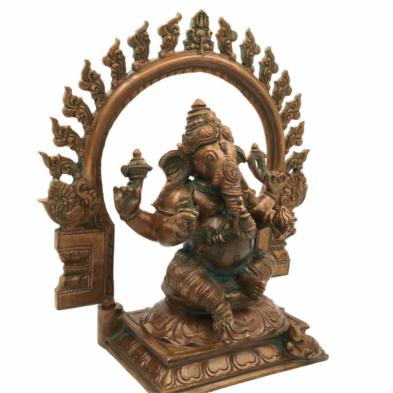 Handmade Panchaloha Ganapati Murti with Prabhavali, Bronze Panchadhatu Ganesha Idol for Home, Temple & Puja, Vighnaharta Vigraha, Brown, 13 Inch, 1 Piece