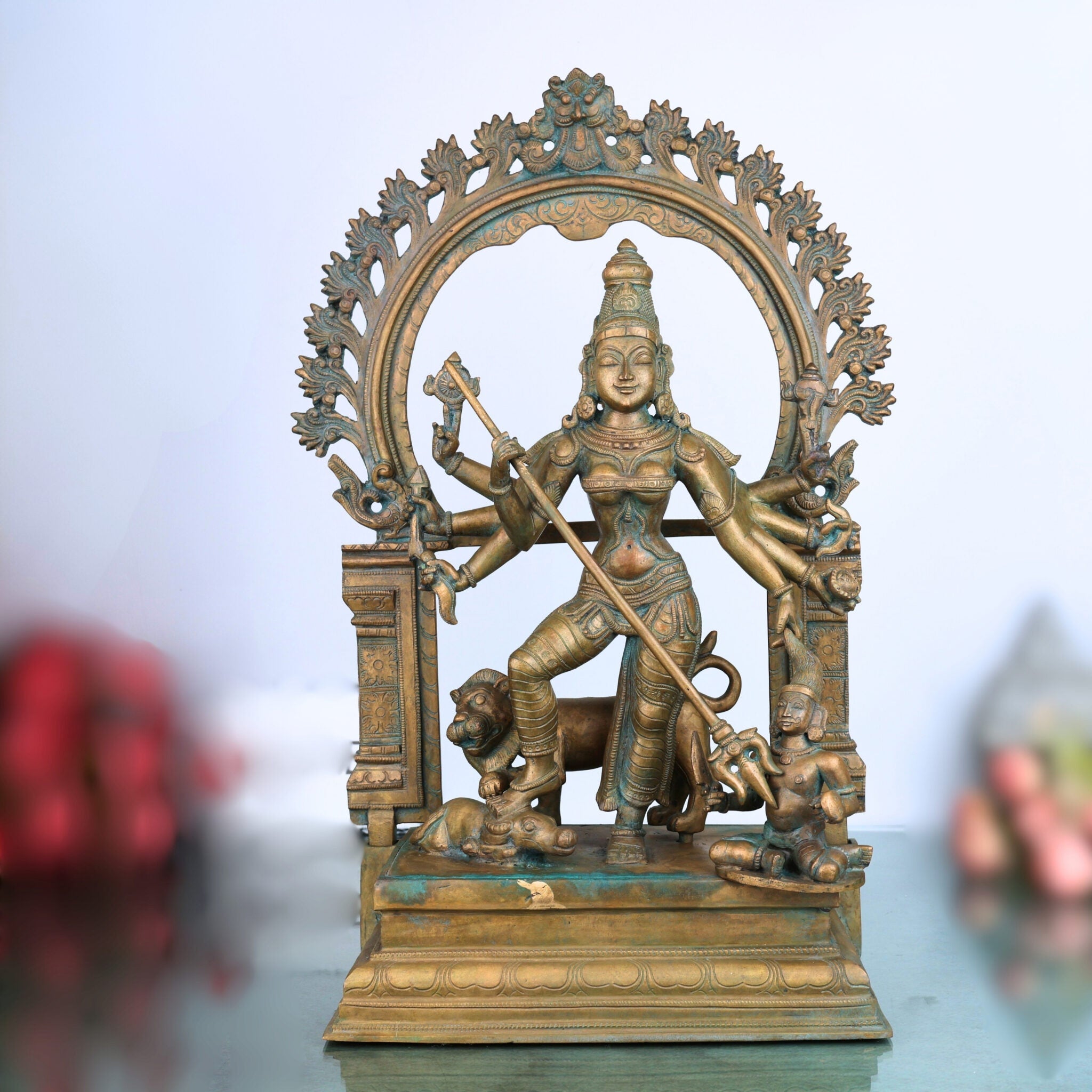 Handcrafted Panchaloha Durga Devi Idol | Bronze Mahishasura Mardini Murti | Chola Art Shakti Statue for Temple & Home,Brown, 18.5 Inch, 1 Piece