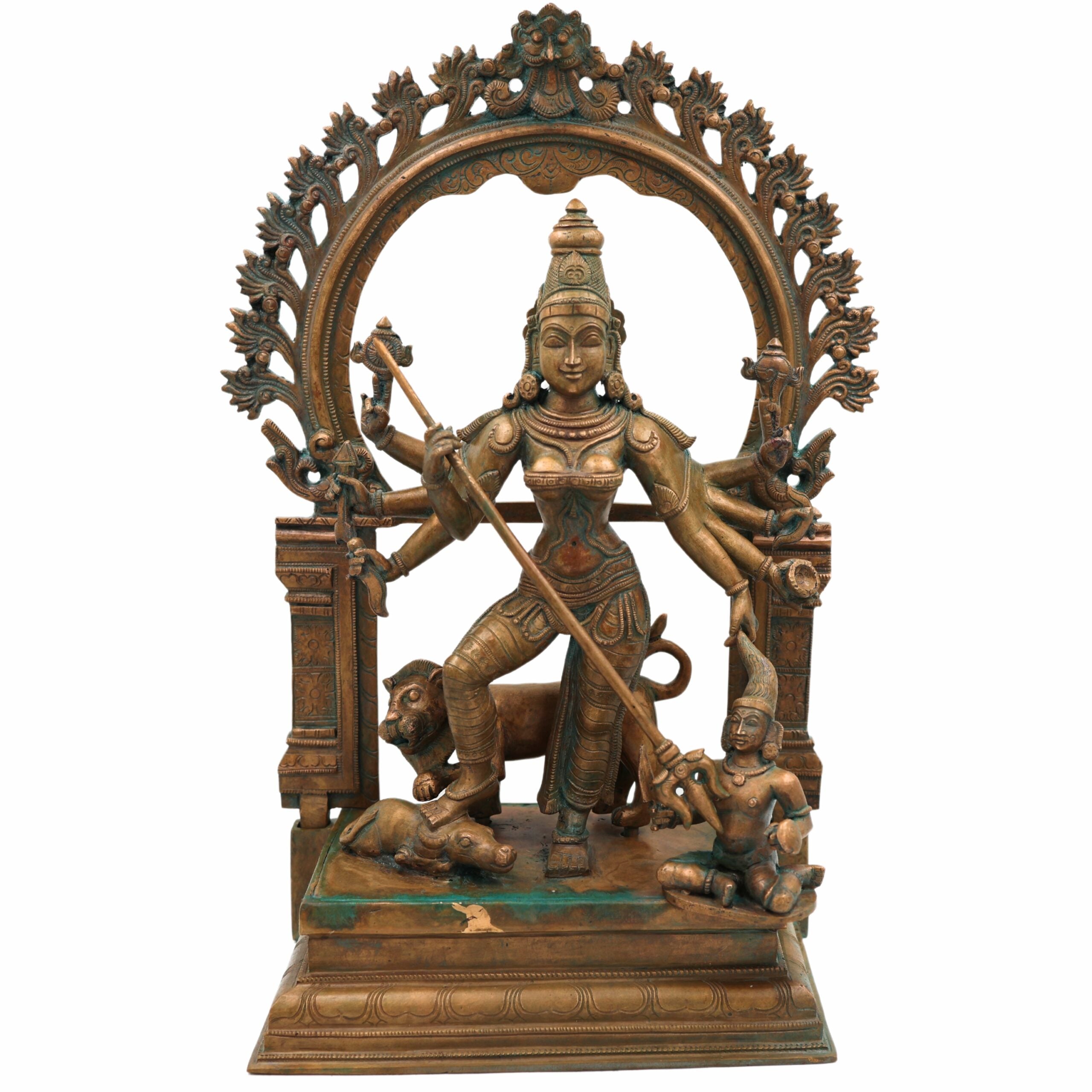 Handcrafted Panchaloha Durga Devi Idol | Bronze Mahishasura Mardini Murti | Chola Art Shakti Statue for Temple & Home,Brown, 18.5 Inch, 1 Piece